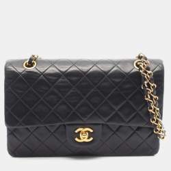 Pre Owned Chanel Matelasse Double Flap Shoulder Bag In Lambskin Leather Black