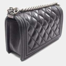 Pre Owned Chanel Boy Black Lambskin Leather Shoulder Bag