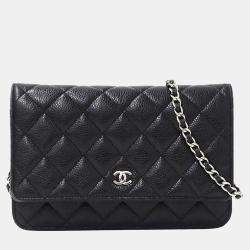 Pre Owned Chanel Matelasse Wallet With Chain Caviar Skin Black Chain Bag
