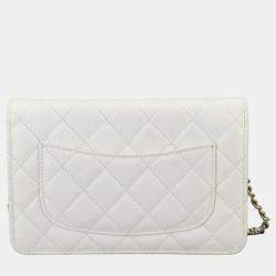 Pre Owned محفظة بسلسلة شانيل طويل جلد كافيار أبيض ماتلاسې