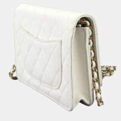 Pre Owned محفظة بسلسلة شانيل طويل جلد كافيار أبيض ماتلاسې