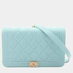 Pre Owned Chanel Boy Matelasse Shoulder Bag In Grained Calfskin Leather Blue