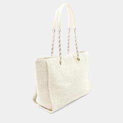 Pre Owned Chanel Deauville White Leather Straw Tote Bag