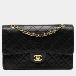 Pre Owned حقيبة شانيل كلاسيك متوسطة جلد حمل أسود بمزدوج فلاب