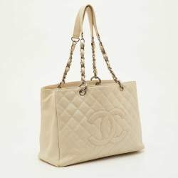Pre Owned Chanel GST Cream Quilted Leather Shopper Tote