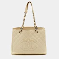 Pre Owned Chanel GST Cream Quilted Leather Shopper Tote