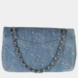 مملوكة مسبقًا Chanel Blue Bleached Chain Printed Denim Medium Classic Double Flap Bag