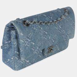 مملوكة مسبقًا Chanel Blue Bleached Chain Printed Denim Medium Classic Double Flap Bag