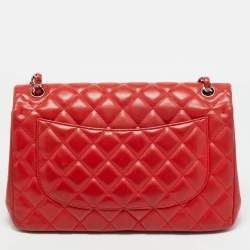 Pre Owned Chanel Classic Double Flap Jumbo Red Quilted Leather Bag