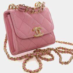 Pre Owned Chanel Mini Pink Caviar Top Handle Clutch With Chain