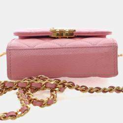 Pre Owned Chanel Mini Pink Caviar Top Handle Clutch With Chain