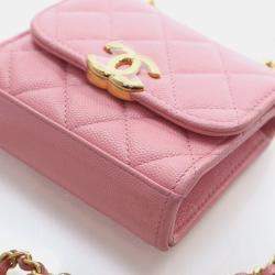 Pre Owned Chanel Mini Pink Caviar Top Handle Clutch With Chain