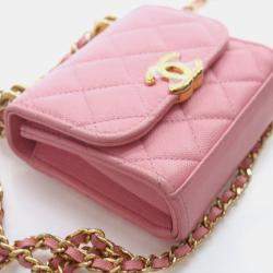 Pre Owned Chanel Mini Pink Caviar Top Handle Clutch With Chain