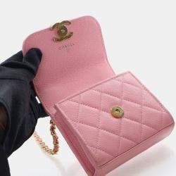 Pre Owned Chanel Mini Pink Caviar Top Handle Clutch With Chain