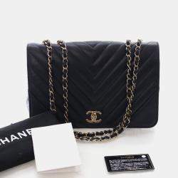 Pre Owned Chanel Medium Black Calfskin Chevron Statement Flap Bag