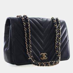 Pre Owned Chanel Medium Black Calfskin Chevron Statement Flap Bag