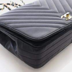 Pre Owned Chanel Medium Black Calfskin Chevron Statement Flap Bag