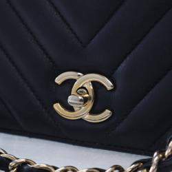 Pre Owned Chanel Medium Black Calfskin Chevron Statement Flap Bag