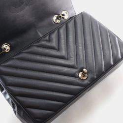 Pre Owned Chanel Medium Black Calfskin Chevron Statement Flap Bag