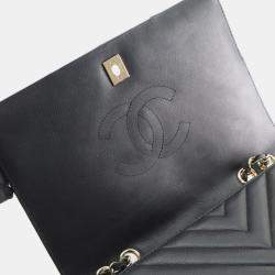 Pre Owned Chanel Medium Black Calfskin Chevron Statement Flap Bag