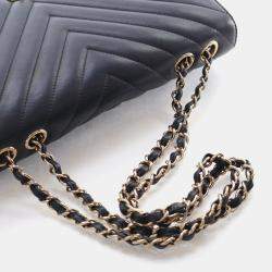Pre Owned Chanel Medium Black Calfskin Chevron Statement Flap Bag