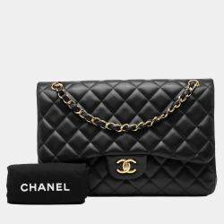 Pre Owned حقيبة فلاب شانيل سوداء كبيرة من جلد الغنم كلاسيكية بغطاء مزدوج