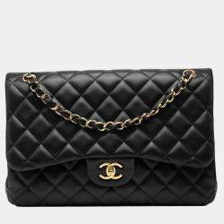 Pre Owned حقيبة فلاب شانيل سوداء كبيرة من جلد الغنم كلاسيكية بغطاء مزدوج