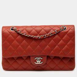 Pre Owned Chanel Red Medium Classic Caviar Double Flap