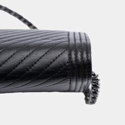 Pre Owned Chanel Black Chevron Lambskin Boy Wallet on Chain