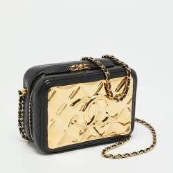 Pre Owned حقيبة شانيل \"ميني\" جلد مبطن أسود / ذهبي لوحة معدنية شعار CC للكتف