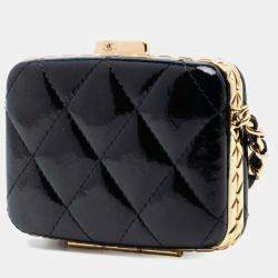 Pre Owned Chanel Black Small Glazed Goatskin Box With Chain