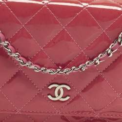 Pre Owned Chanel Classic Pink Quilted Patent and Leather Wallet On Chain