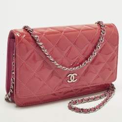Pre Owned Chanel Classic Pink Quilted Patent and Leather Wallet On Chain