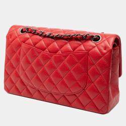 Pre Owned حقيبة كتف شانيل كلاسيك كافيار فلاپ مزدوج أحمر بحجم متوسط