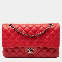 Pre Owned حقيبة كتف شانيل كلاسيك كافيار فلاپ مزدوج أحمر بحجم متوسط