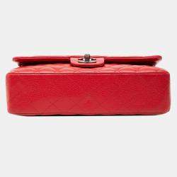 Pre Owned حقيبة كتف شانيل كلاسيك كافيار فلاپ مزدوج أحمر بحجم متوسط