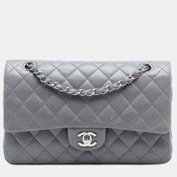 Pre Owned Chanel Medium Classic Grey Lambskin Double Flap