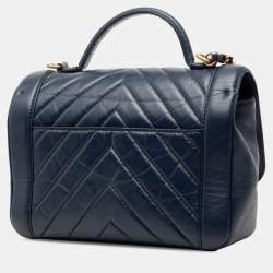 مملوكة مسبقًا Chanel Blue CC Chevron Aged Calfskin Top Handle Flap