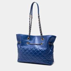 Pre Owned Chanel Blue CC Calfskin Front Zip Drawstring Chain Tote