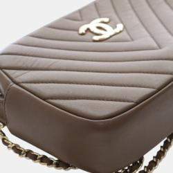 Pre Owned Chanel Brown Small Chevron Calfskin Camera Case With Chain