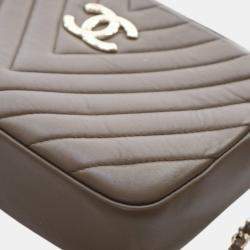 Pre Owned Chanel Brown Small Chevron Calfskin Camera Case With Chain
