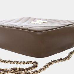 Pre Owned Chanel Brown Small Chevron Calfskin Camera Case With Chain