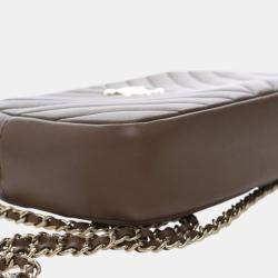 Pre Owned Chanel Brown Small Chevron Calfskin Camera Case With Chain