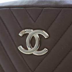 Pre Owned Chanel Brown Small Chevron Calfskin Camera Case With Chain