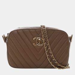 Pre Owned Chanel Brown Small Chevron Calfskin Camera Case With Chain