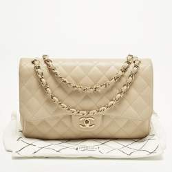 Pre Owned Chanel Classic Double Flap Jumbo Beige Quilted Caviar Leather Bag