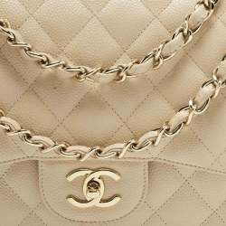 Pre Owned Chanel Classic Double Flap Jumbo Beige Quilted Caviar Leather Bag