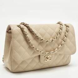 Pre Owned Chanel Classic Double Flap Jumbo Beige Quilted Caviar Leather Bag