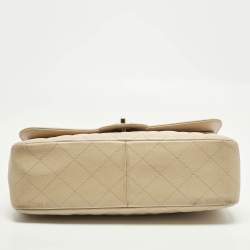 Pre Owned Chanel Classic Double Flap Jumbo Beige Quilted Caviar Leather Bag