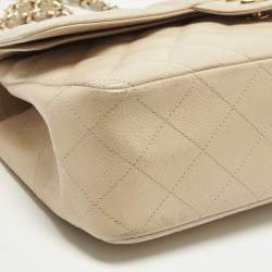 Pre Owned Chanel Classic Double Flap Jumbo Beige Quilted Caviar Leather Bag